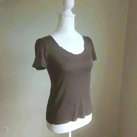 Armani Collezioni Chocolate Top 90s Y2K  Brown Designer Lettuce Hem Tee Shirt - Picture 1 of 8